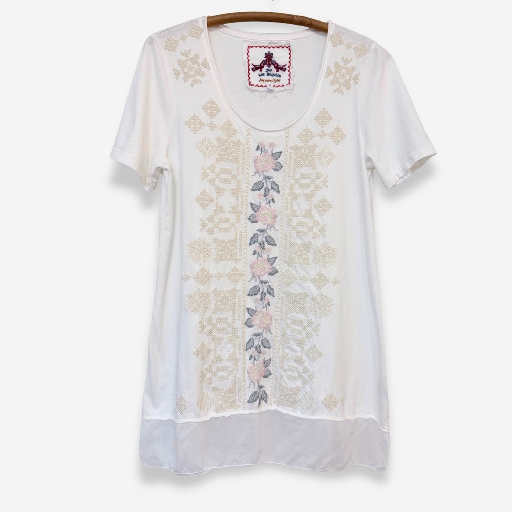 JWLA Johnny Was Embroidered Tunic Tee Sheer Hem Cream White Boho Size Medium